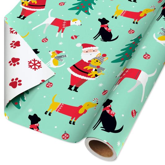 American Greetings Reversible Christmas Wrapping Paper Dogs Paw Prints and Snowflakes - - wrapping paper