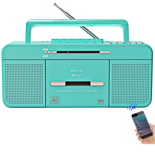 Teal Boombox with Bluetooth USB AM/FM Radio Tape Player - Kia Day Design
