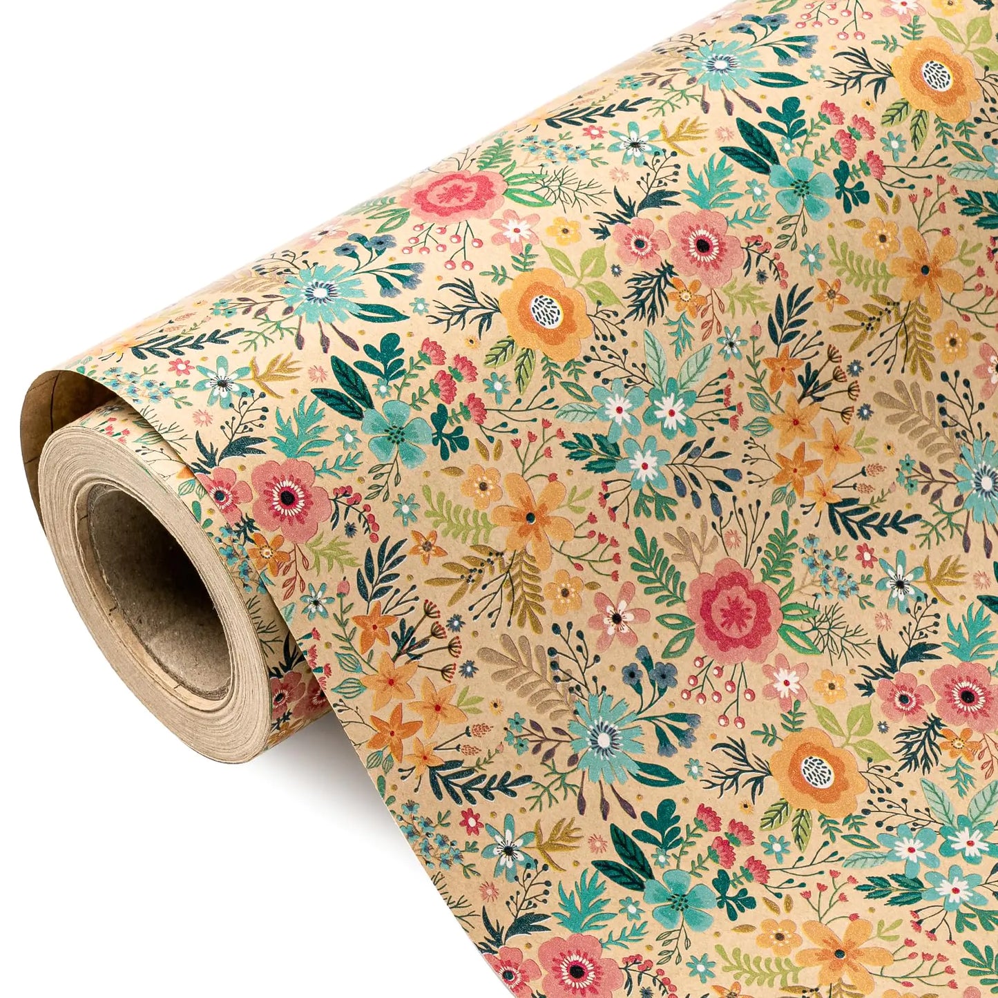 WRAPAHOLIC Kraft Floral Wrapping Paper Roll - Mini Roll - 17 Inch x 33 Feet - Spring Summer Garden Flower Design Perfect for Wedding Bridal Shower Birthday