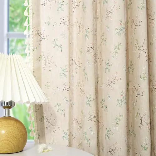 Floral Curtains Farmhouse Curtains for Living Room 63 Inch Length Linen Floral Patterned French Country Curtains Rod Pocket Bedroom Curtains with Tassel 2 Panels Kia Day Design