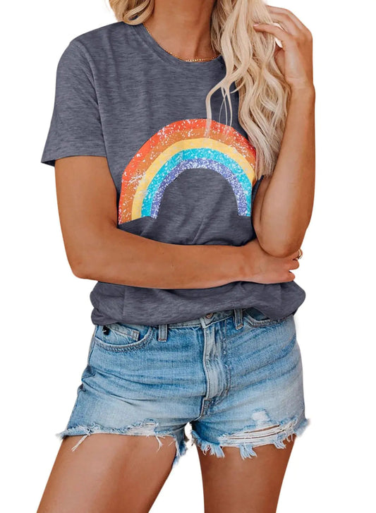 Summer Slim Fit Rainbow Pattern Women's Top - Grey S - shirt