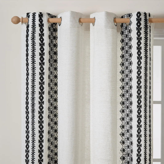 Beige & Black Linen Embroidered Curtains 2 Panel Set - Kia Day Design