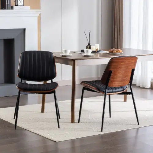 Dining Chairs Set Of 2 Mid Century Modern Retro Faux Leather Chair With Walnut Bentwood Back Upholstered Seat Metal Legs Adjustable Foot For Kitchen Dining Room Chairs Kia Day Design