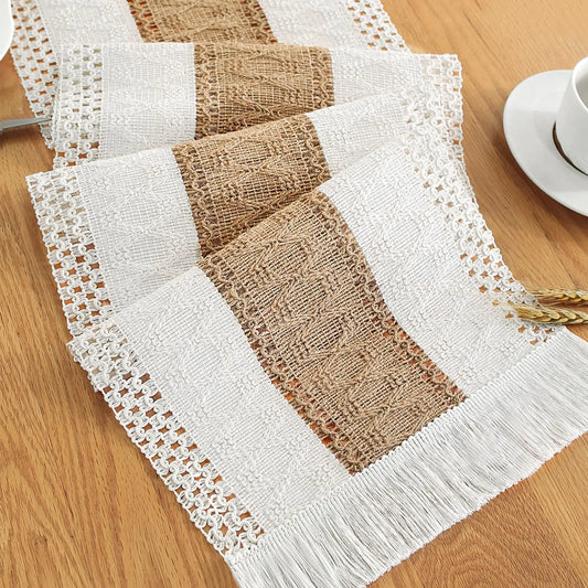 72-Inch-Long Cream and Brown Macrame Table Runner with Tassels - Kia Day Design