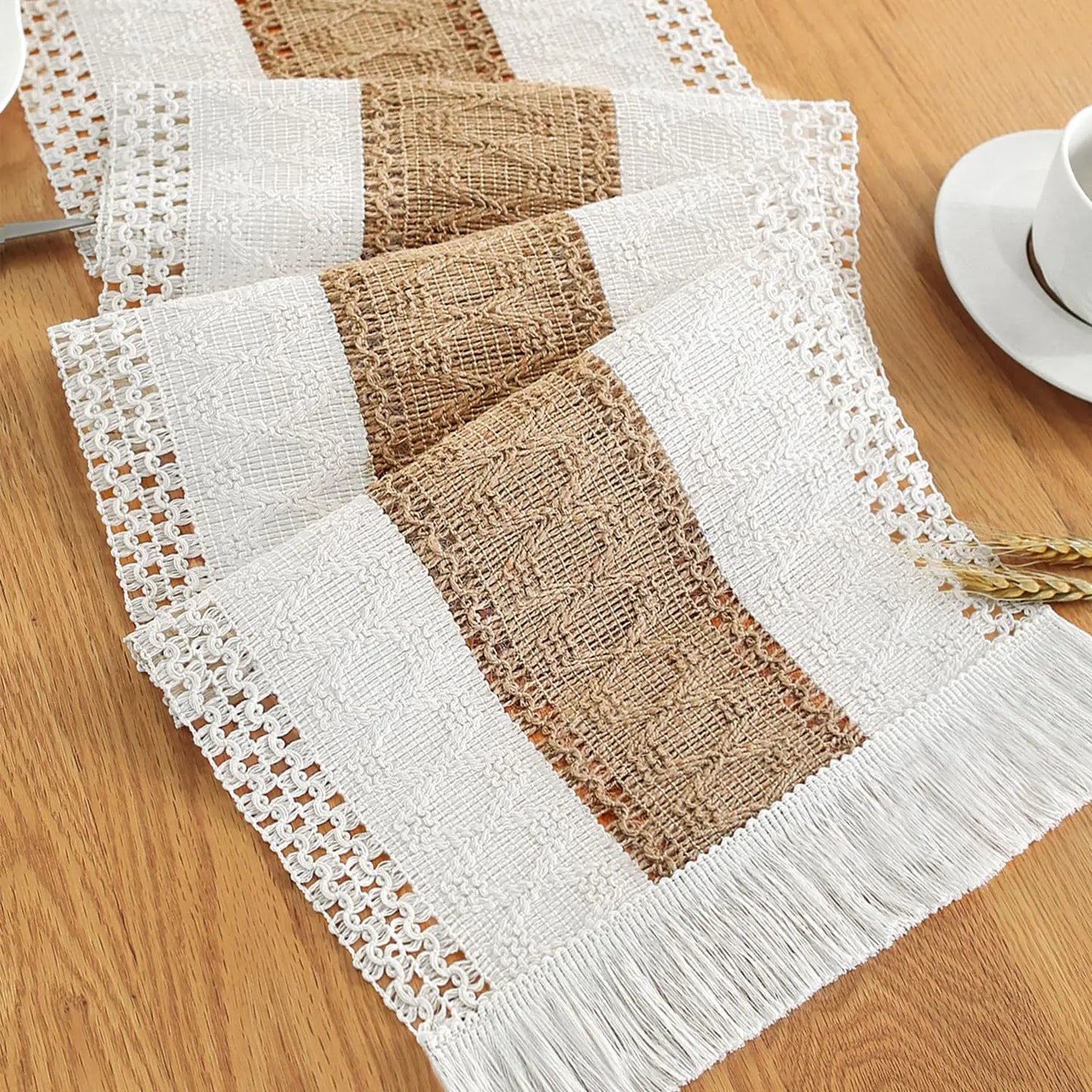72-Inch-Long Cream and Brown Macrame Table Runner with Tassels - Kia Day Design