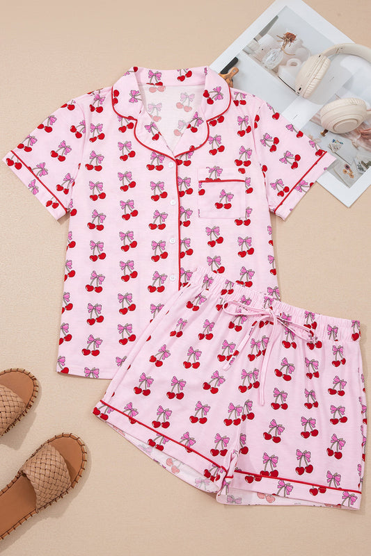 Pink Cherry Bow Print Short Pajama Set - - Loungewear & Sleepwear/Sleepwear