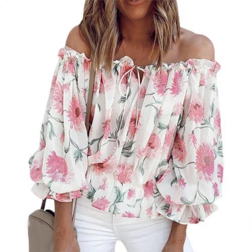 Womens Off-Shoulder Chiffon Print Long Sleeve Top - WHITE 2XL - Women's Fashion - Women's Clothing - Tops & Tees
