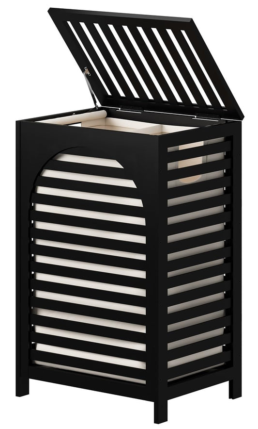 Bamboo Wood Laundry Basket with Lid 85L - - laundry basket