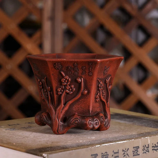Purple Sand Plum Blossom Bonsai Pot – Carved Traditional Chinese Planter - - Planter