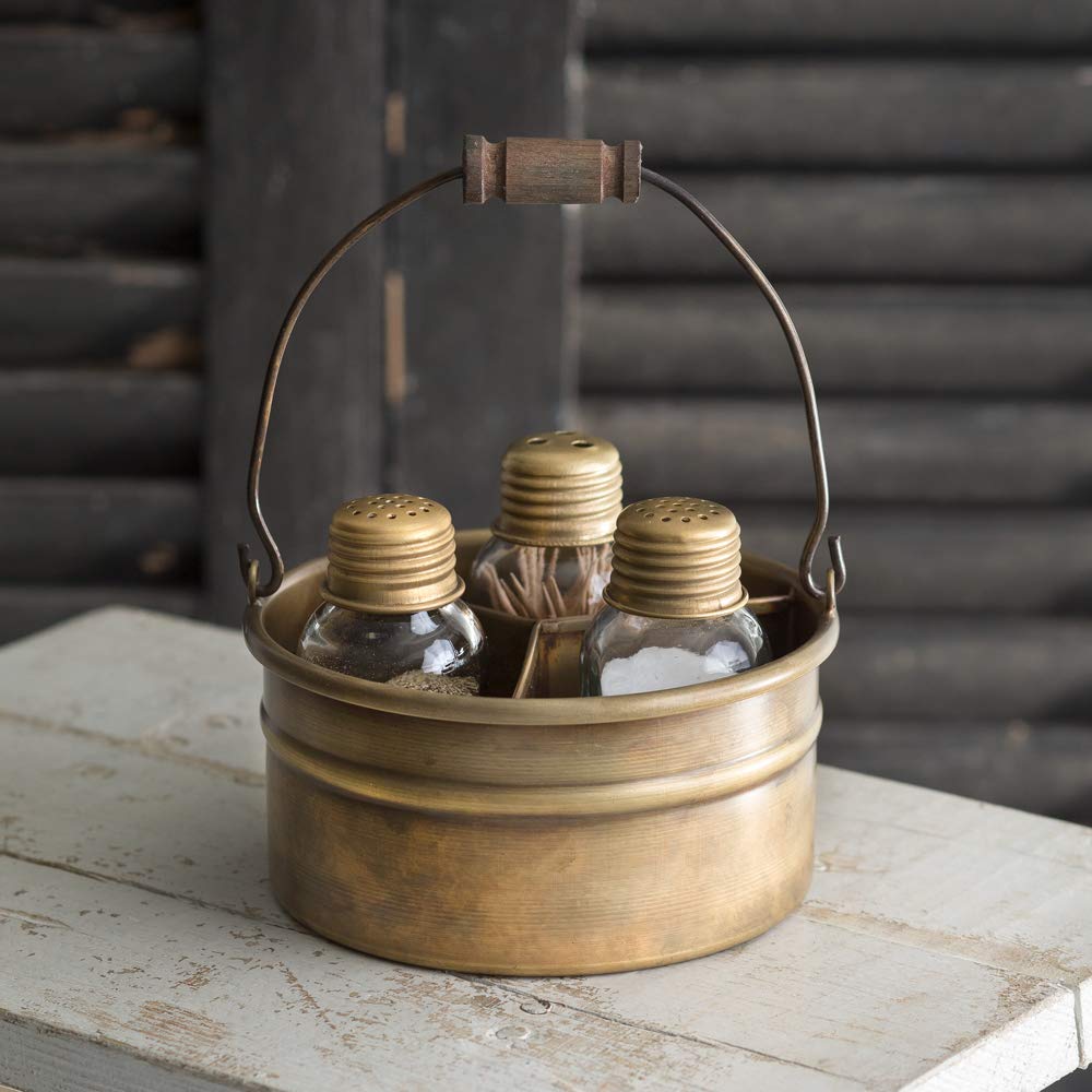 Round Bucket Salt Pepper and Toothpick Caddy - Antique Brass - - organizer