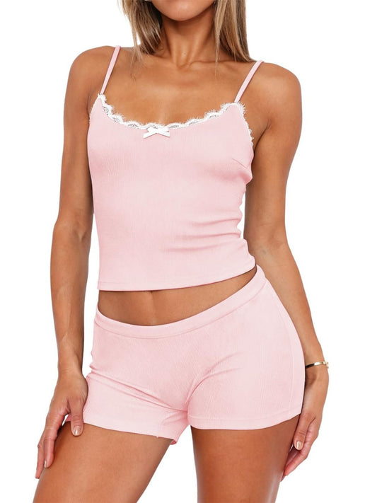 Contrast Trim Cami and Shorts Set - - pajamas
