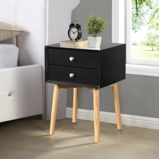 Black Side Table with 2 Drawers and Rubber Wood Legs - Kia Day Design