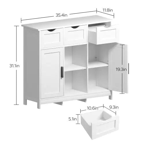 White Wooden Floor Cabinet with Drawers and Shelves - Kia Day Design