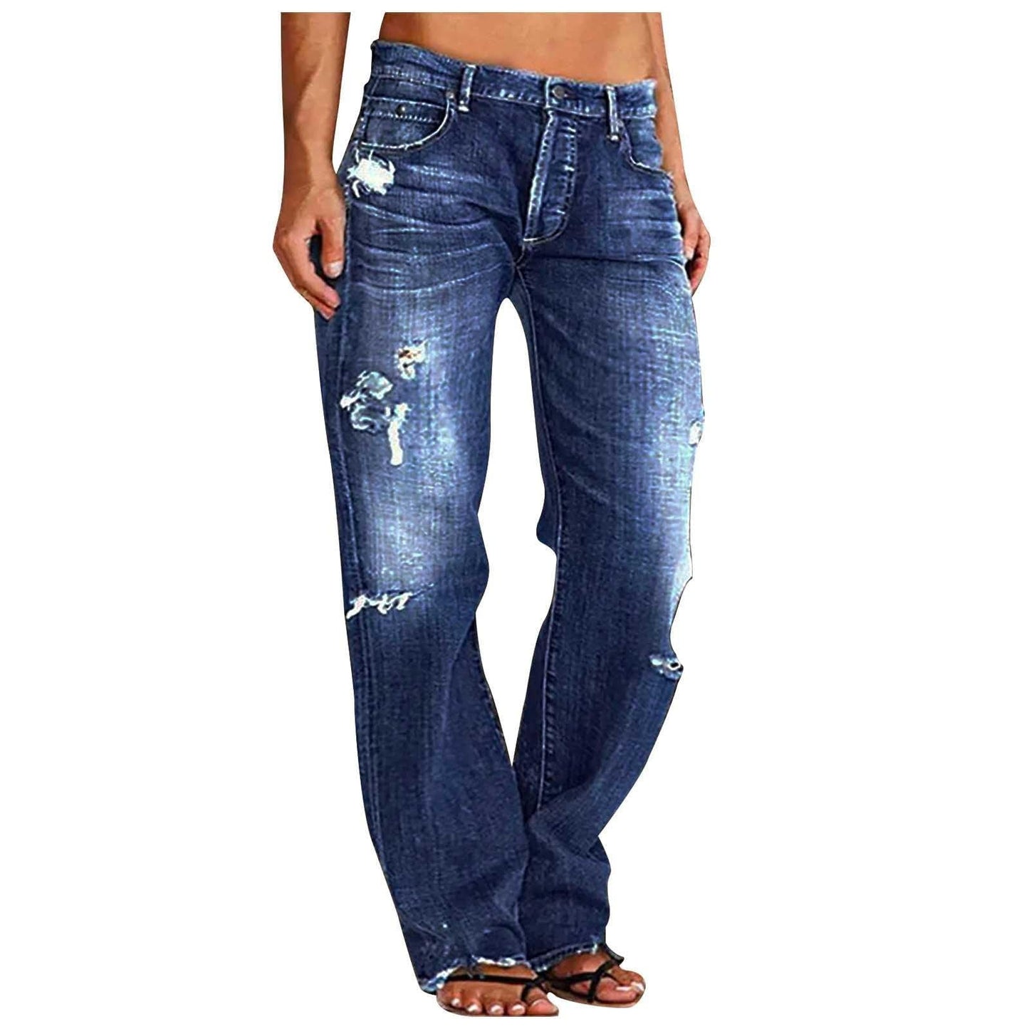 Ripped Denim Baggy Mid-Rise Jeans with Pockets - - Women's Fashion - Women's Clothing - Bottoms - Jeans