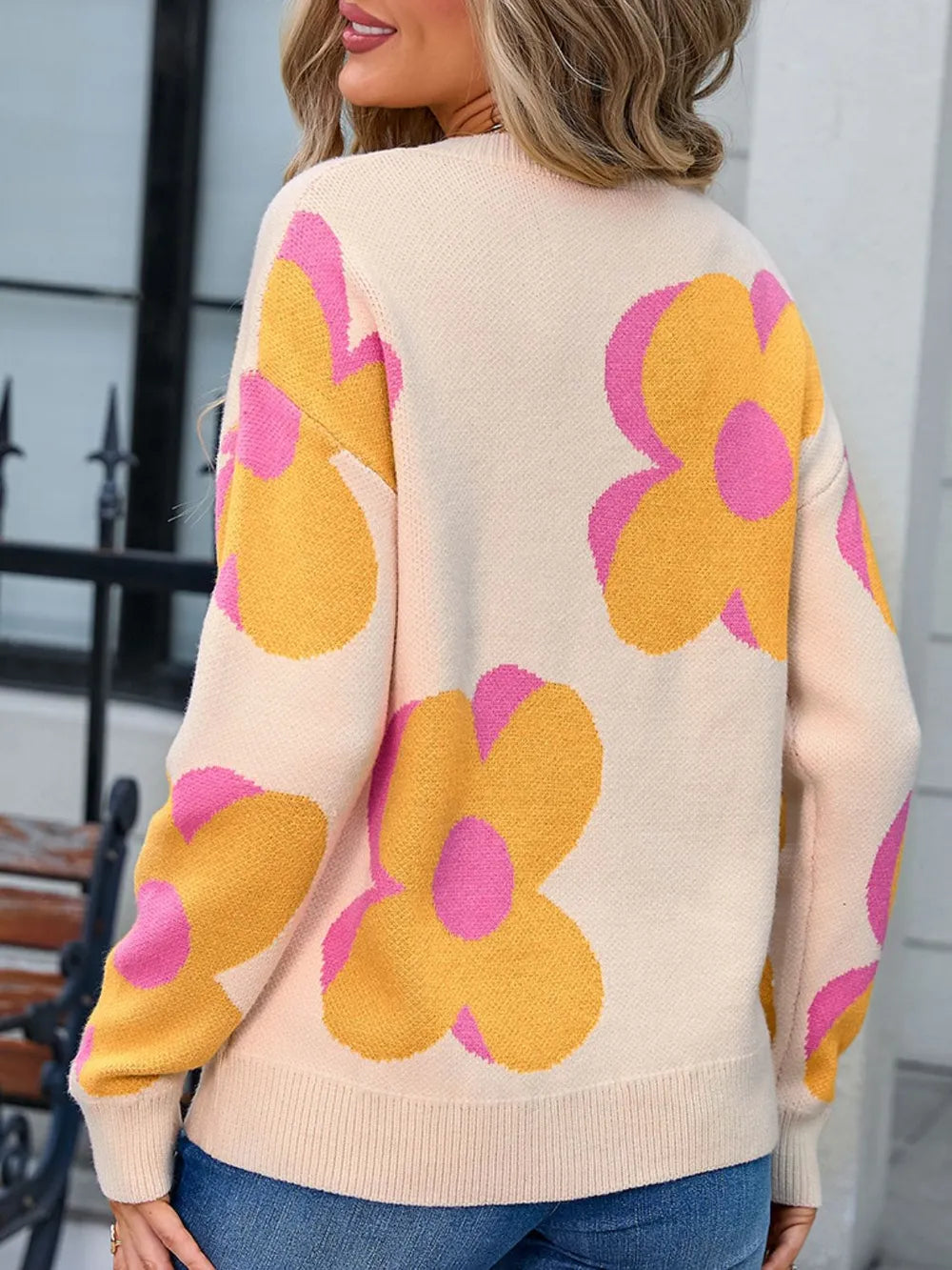 Angel Wings Flower Round Neck Long Sleeve Sweater - -