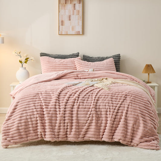 Simple&Opulence Pink Striped Faux Fur Comforter Set - - blanket