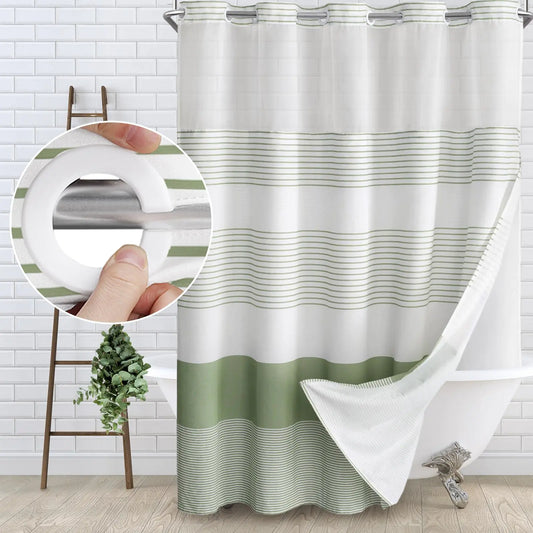 Green Striped Cotton and Linen Blend No Hook Shower Curtain with Snap - Kia Day Design