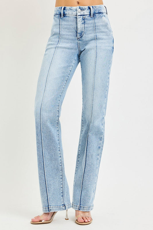 RISEN Tummy Control High Rise Straight Pin Tuck Jeans - -