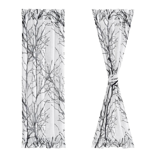 White Black Branch Sheer Sidelight Front Door Curtain Set - Black 25"W x 40"L (Pack of 2) - curtains