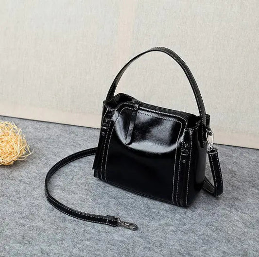 Genuine Leather Women's Shoulder Bag - black - handbag