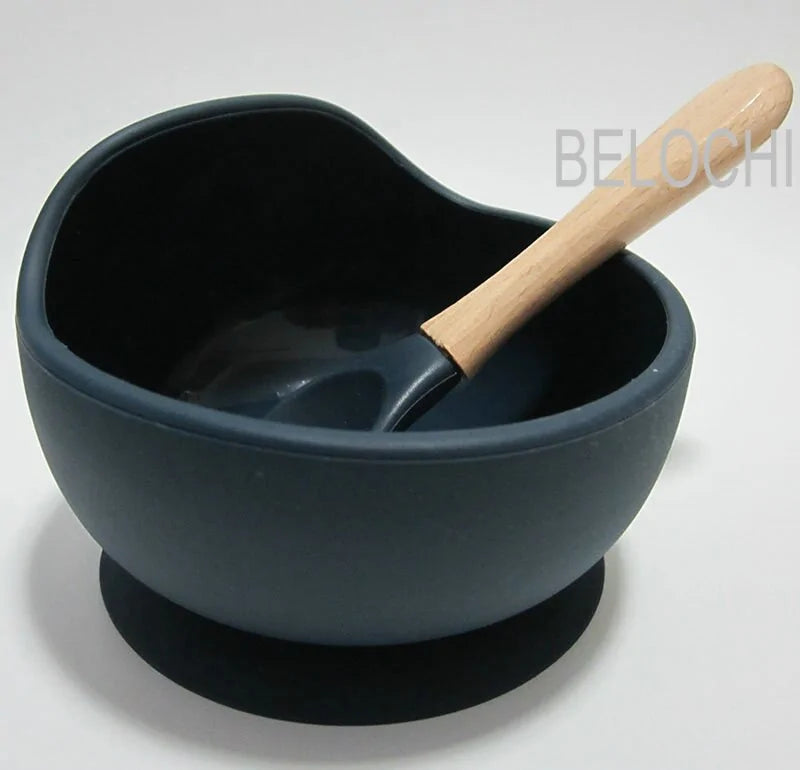 Baby Silicone Feeding Set with Wooden Handle Spoon Navy Blue
