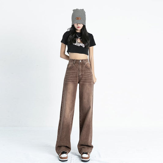 High Waist American Style Retro Straight Jeans - Brown trousers XS - Women's Fashion - Women's Clothing - Bottoms - Jeans