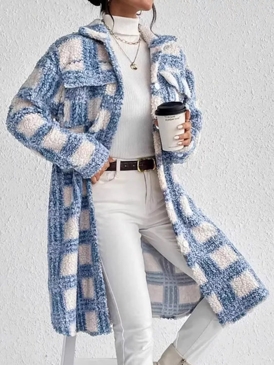 Plaid Button Up Long Sleeve Fleece Coat - - coat