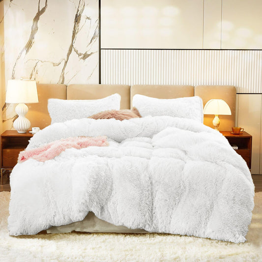 White 3 Piece Shaggy Comforter Set Twin Size - - blanket