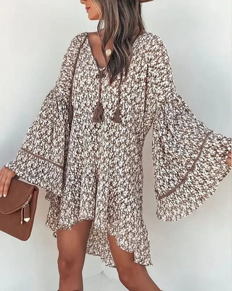 Spring V Neck Floral Sleeve Long Dress - Kia Day Design