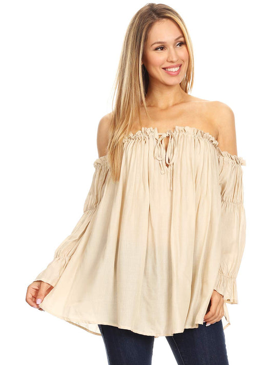 Anna-Kaci Beige Large Semi Sheer Boho Peasant Long Sleeve Off The Shoulder Top - Beige Large - Women's Fashion - Women's Clothing - Blouses & Shirts