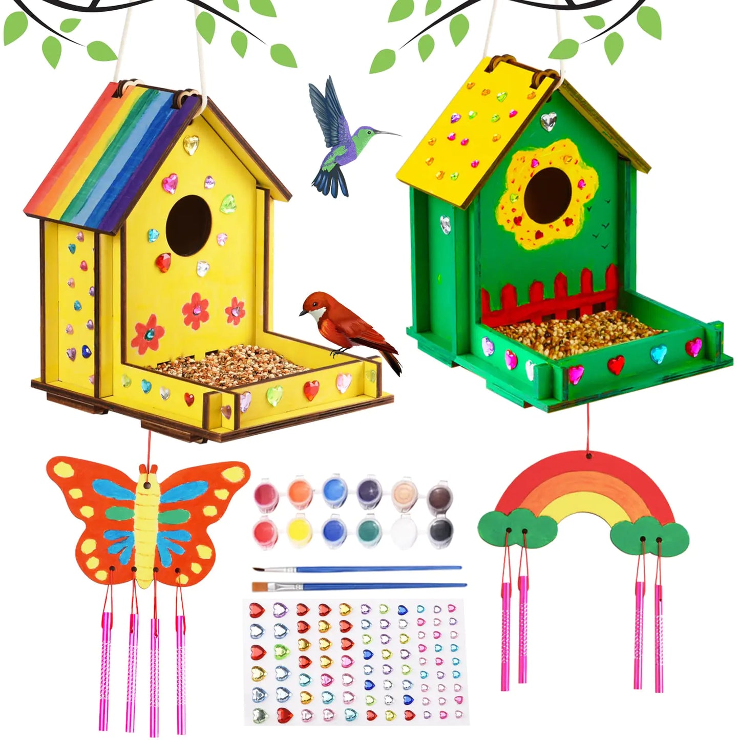 Crafts for Kids Ages 8-12 -Make Your Own Bird Feeder Wind Chime Kit with Diamond Stickers - 2 Pack Unfinished Wood DIY Kids STEM Painting Activities Crafts Outdoor Toys for Boys Girls Ages 6-8 3-5