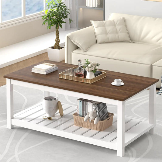 White and Walnut 40 Inch Coffee Table with Storage Shelf - Kia Day Design