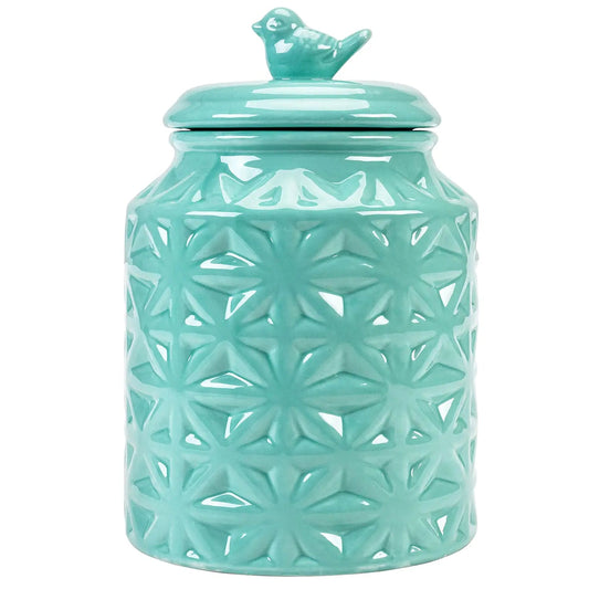 Turquoise Embossed Star and Bird Ceramic Kitchen Jar with Lid Cookie Jar Storage Container - Kia Day Design