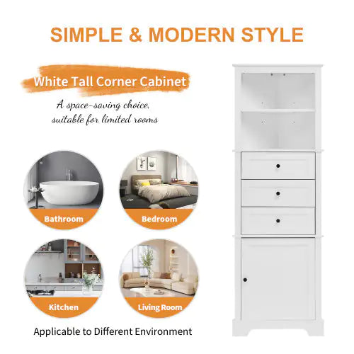 White Triangular Tall Cabinet With 3 Drawers and Adjustable Shelves - Kia Day Design