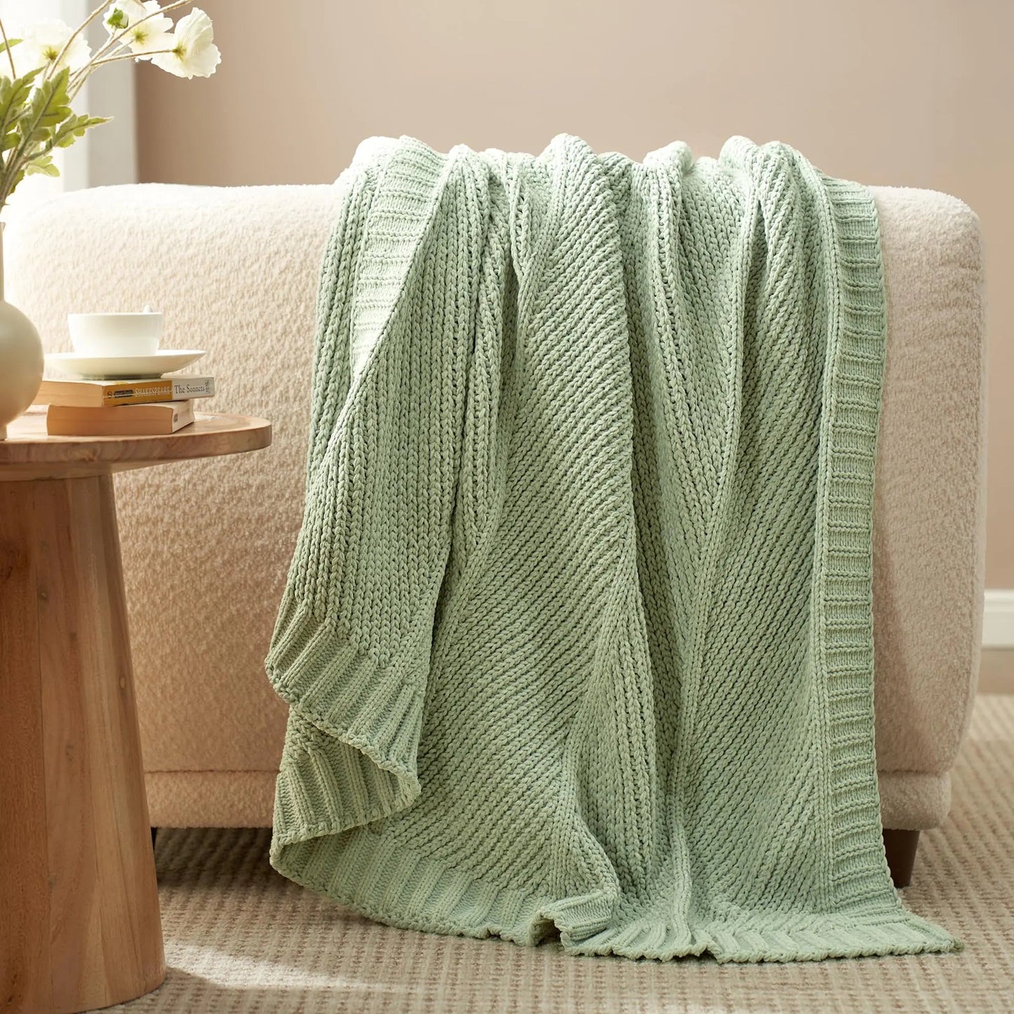 Amélie Home Chenille Knit Throw Blanket for Couch Chunky Knit Blanket with Chevron Texture Non-Shedding Decorative Farmhouse Soft Blanket for Home Sofa Chair Bed Sage Green 50"x 60" Kia Day Design