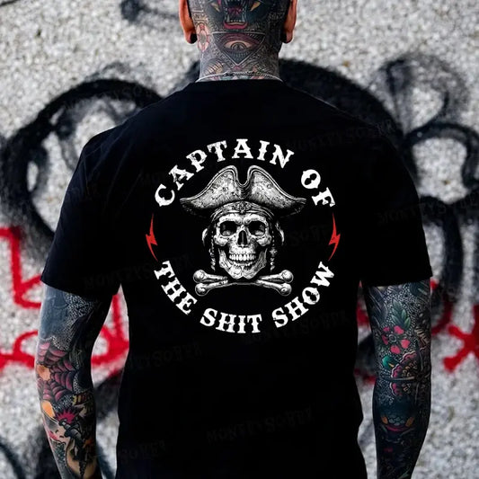 "Captain of the Shit Show" Skull Print T-Shirt – Funny & Fashionable Men's Crewneck, Casual Cotton Tee - - T-shirt