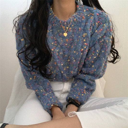 Vintage Korean Style Colorful Dots Knit Sweater for Women - Blue One size - sweater