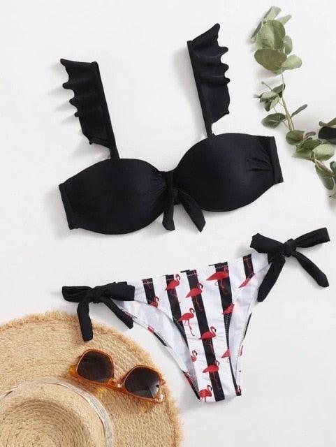 Beautiful Floral Push Up Women Bikini Push Up Bathing Suits Tie Knot Cute Ruffle Two Piece Swimsuits Swimsuit Female Swimwear Bra Cup Bikini Set High Cut Bathing Suit For Summer - Black - STBK234XSE