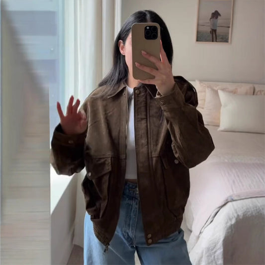 Retro Suede Fabric Jacket - Brown L - jacket