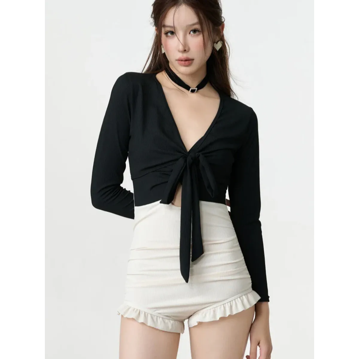 Bikini Set – V-Neck Long Sleeve with Ruffle High Waist - Black - Swimwear