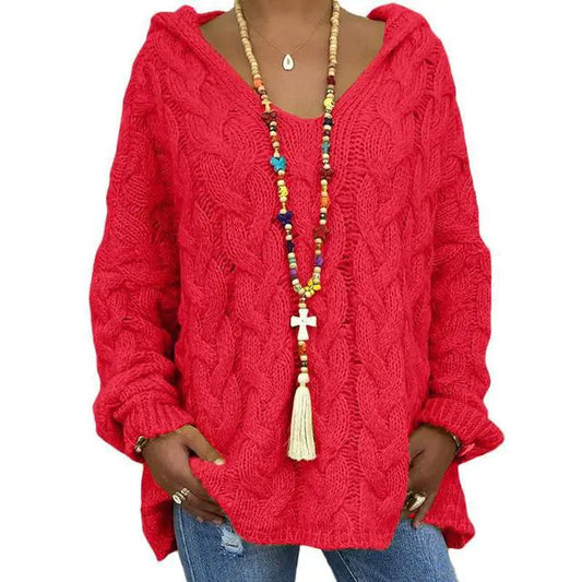 Women's Hooded Solid Color Knitted Sweater - Red M - Women's Fashion - Women's Clothing - Sweaters