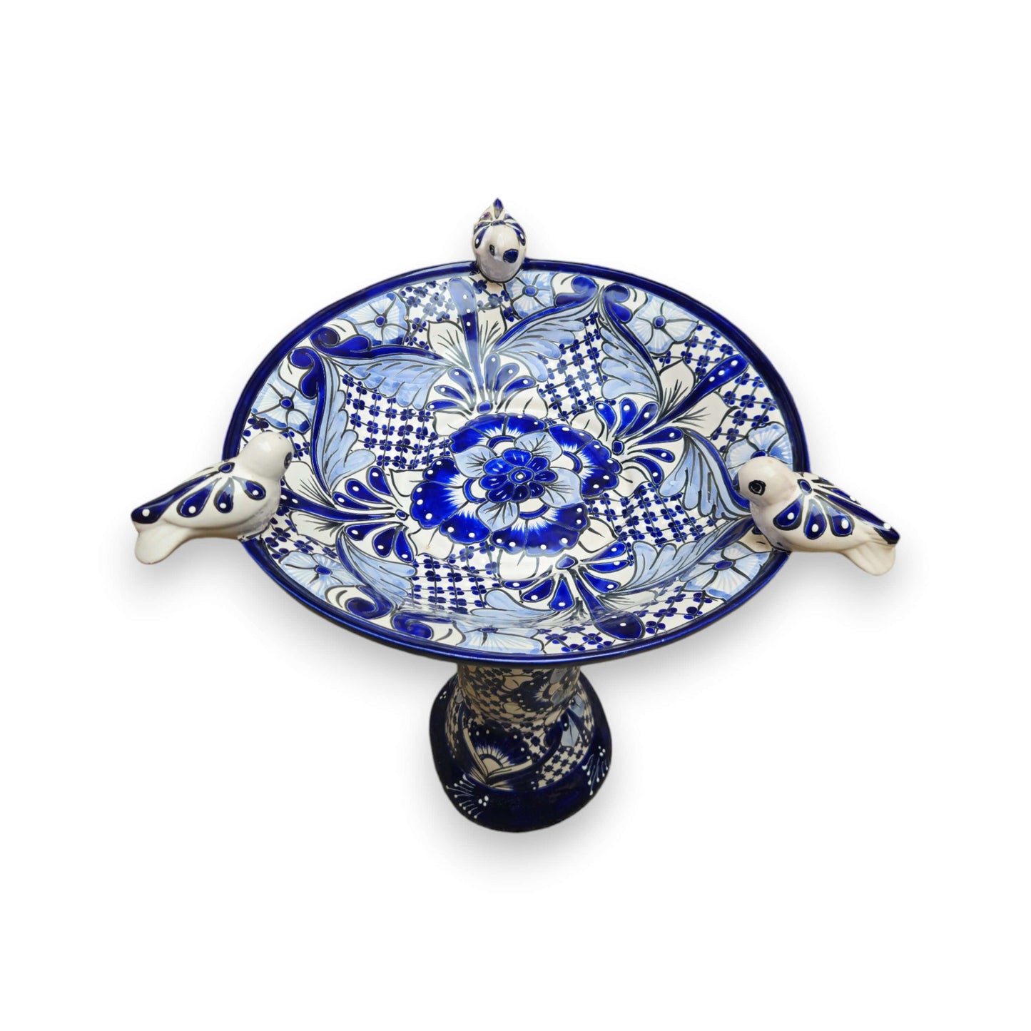 Blue & White Talavera Bird Bath with Rim Birds | Mexican Garden Art- The Talavera Hub- {{Product type}}