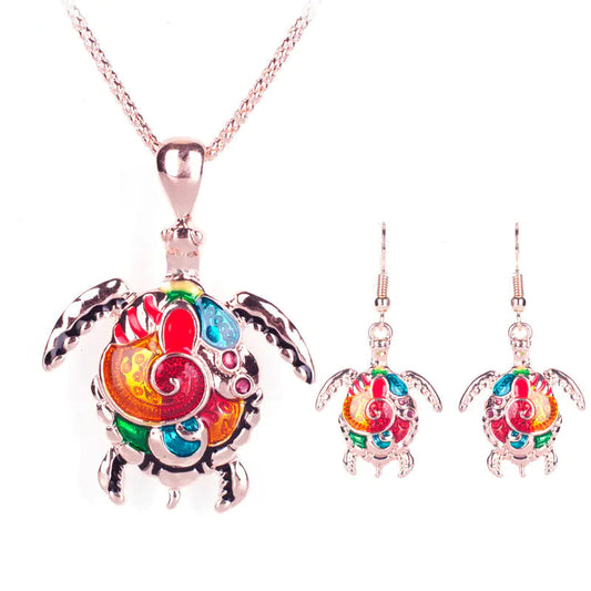 Fashion Rainbow Turtle Necklace Set with Punk Earrings Kia Day Design
