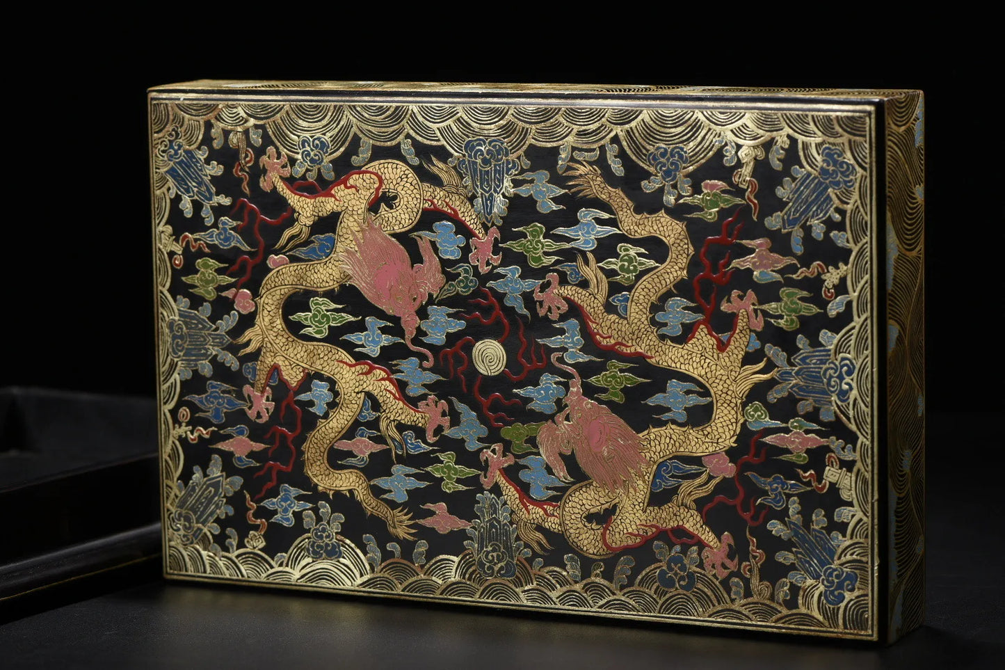 Old Wood Lacquer Wenfang Box – Gold-Outline Floral Dragon Storage - - Deccorative box