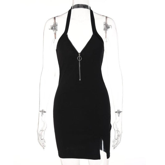 Sleek Zipper Halter Evening Dress - Black S - dress