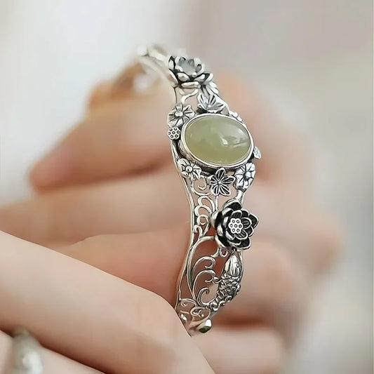 Hotan Green Jade Lotus & Koi Carved Bracelet - - Bracelets