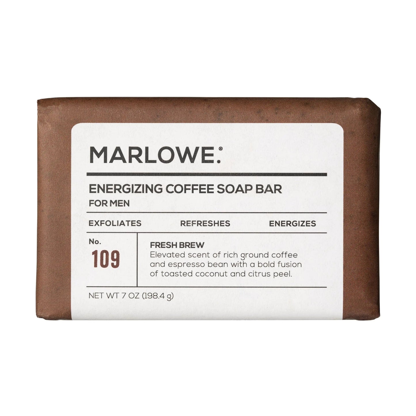 MARLOWE. No. 109 Coffee Bar Soap 7 oz Body Scrub Soap for Men Refreshing Energizing & Exfoliating with Natural Extracts Caffeine Coffee Beans & Cocoa Butter Fresh Brewed Scent Kia Day Design
