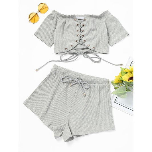 Off-Shoulder Tie Crop Top and Wide-Leg Shorts Set - S - clothing set