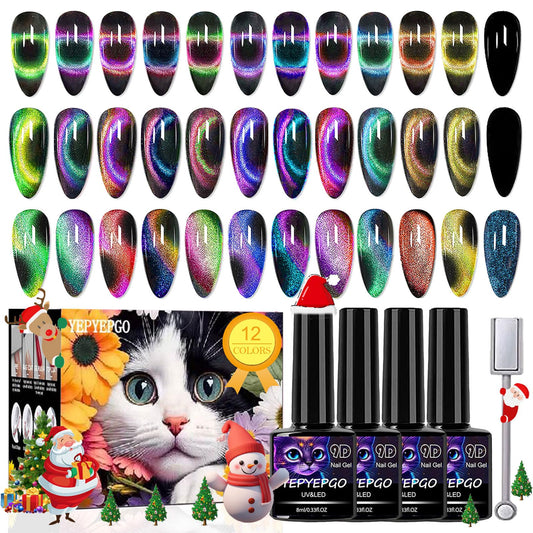 YEPYEPGO 9D Cat Eye Gel Nail Polish Set 12 Colors Cat Eye Gel Polish with Magnet - - gel polish