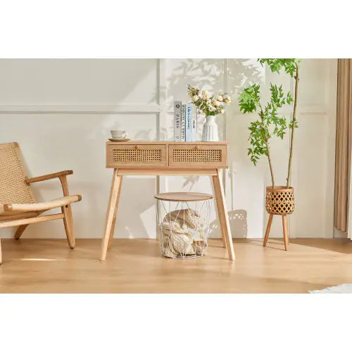 Wood Side Table with Two Rattan Drawers - Kia Day Design